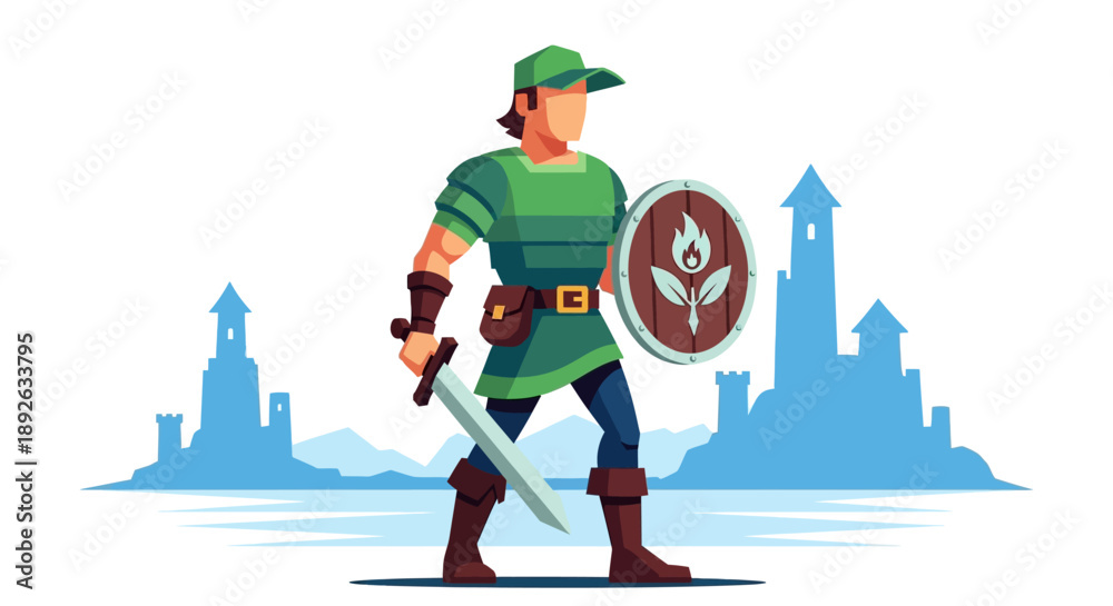 Naklejka premium Medieval warrior standing with sword and shield in a fantasy landscape.