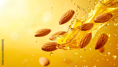 Organic almond oil pouring with flying nuts
