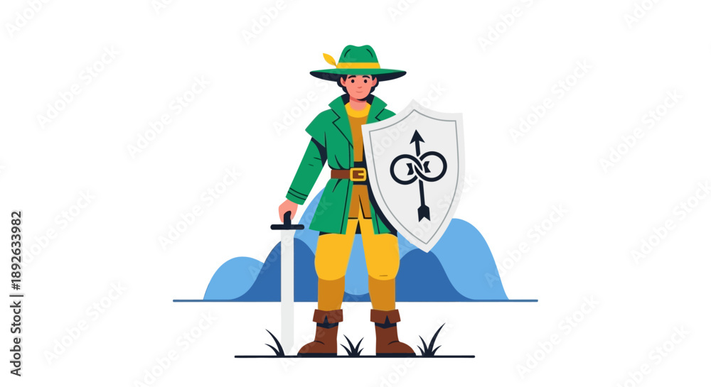 Obraz premium Cartoon illustration of a medieval knight standing with sword and shield.