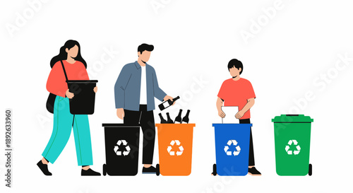People sorting recyclables into colored bins.