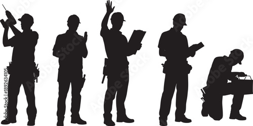 Construction worker silhouettes performing site tasks, drilling inspection signaling kneeling poses isolated on white background industrial workforce concept