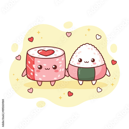 Cute Sushi and Onigiri Couple Illustration for Valentine's Day Concept