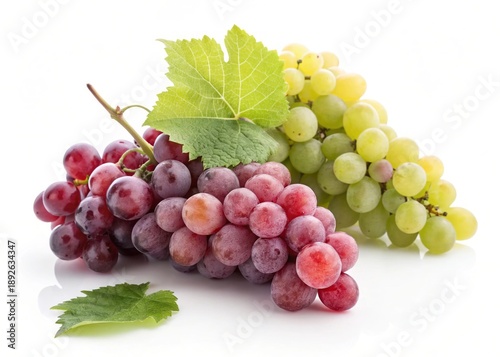 Fresh Grapes in Varied Colors with Green Leaves on White Background for Healthy Snacks