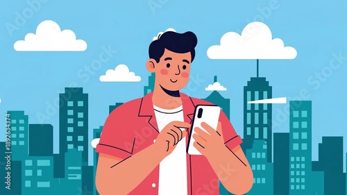 Man in a red shirt and white t-shirt looking at his mobile phone screen and scrolling with his finger in a city with skyscrapers and clouds