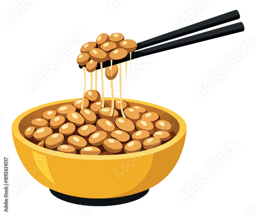 Modern illustration of natto depicting sticky fermented soybeans with chopsticks for traditional Japanese food