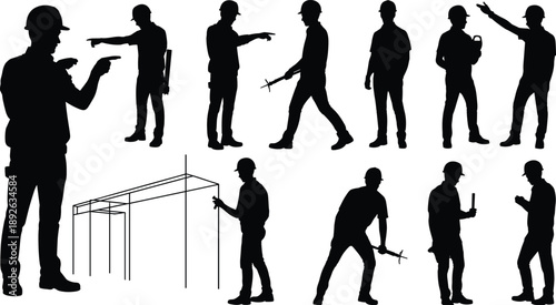 Construction worker silhouettes pointing and directing, builders coordinating tasks with tools, industrial teamwork process isolated on white background