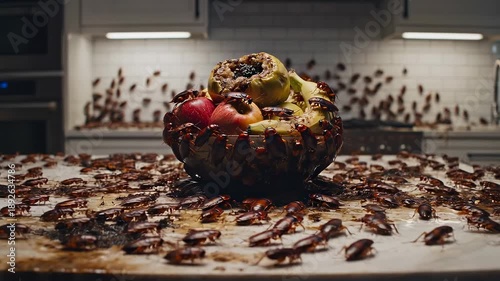 Cockroach infestation swarming over fruit bowl