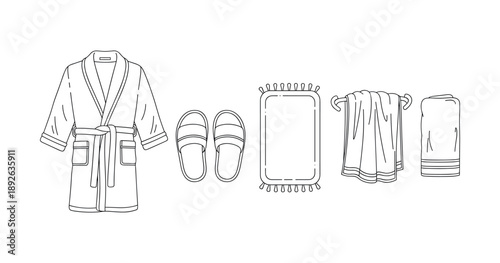 Outline of bathrobe, slippers, rug, and towels – bathroom essentials collection