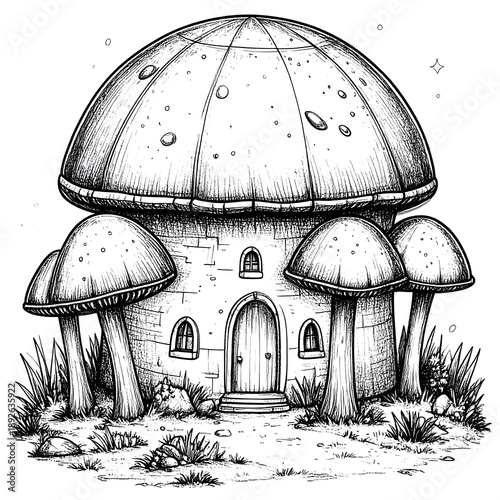 Whimsical mushroom house with detailed shading, front door, and smaller mushroom accents