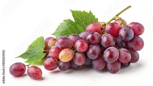 Fresh and Juicy Grapes Cluster with Vibrant Colors and Green Leaves on White Background