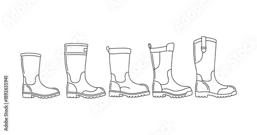 Vector outline of five different boot styles in line art