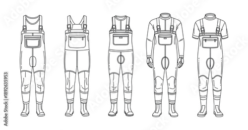 Diverse fishing waders and neoprene suits line drawing collection