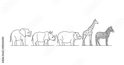 Line art of african wildlife: elephant, rhinoceros, hippopotamus, giraffe, zebra