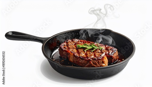 Grilled steak on a cast iron pan with steam rising, a sprig of rosemary included
