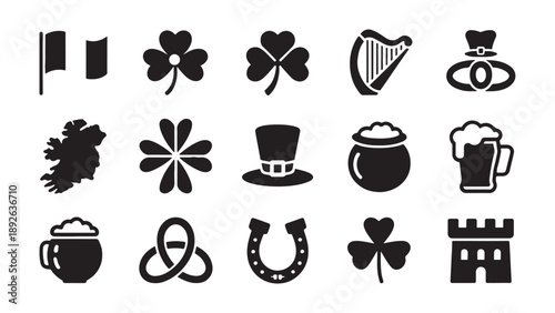  Ireland culture icon set with shamrock, clover, harp, and Celtic symbols featuring traditional Irish heritage elements for Saint Patrick celebration and pub themes