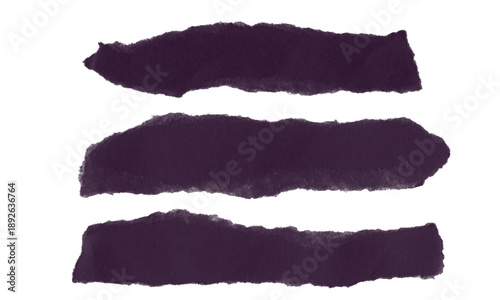 Three Dark Purple Torn Paper Strips with Rough Edges Isolated
