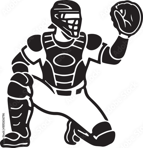 Professional baseball catcher in full protective gear ready for action on the field