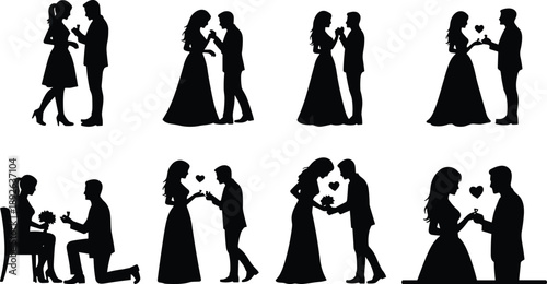 romantic proposal, couple silhouette, love gesture, bouquet exchange, heart symbol, wedding moment, emotional pose, black vector, flavector