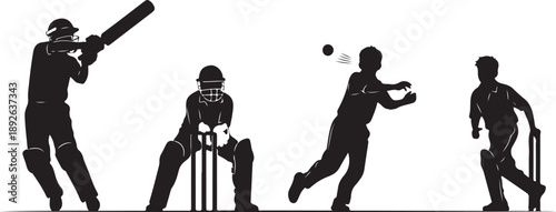 Kids playing Cricket silhouette vector set with batsman wicketkeeper and fielder on white