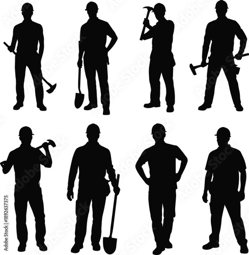 Construction worker silhouettes set with builders holding hammer shovel axe tools isolated black vector illustration for labor industry concept