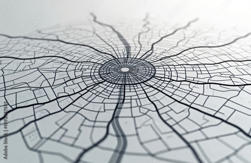 Obraz premium Minimalist illustration of a city map with circular street pattern. Radial roads extend from central hub on clean white background. Abstract urban network graphic for navigation.