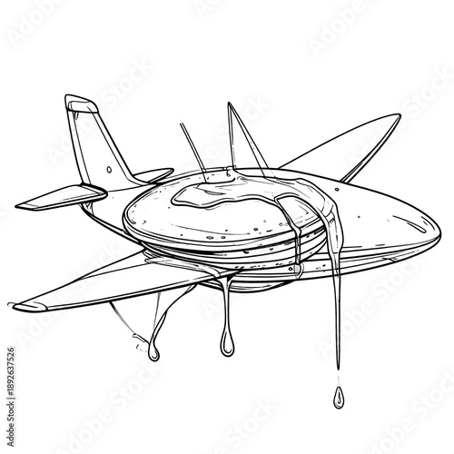 Whimsical pen and ink drawing depicts pancakes stacked as an airplane, syrup dripping