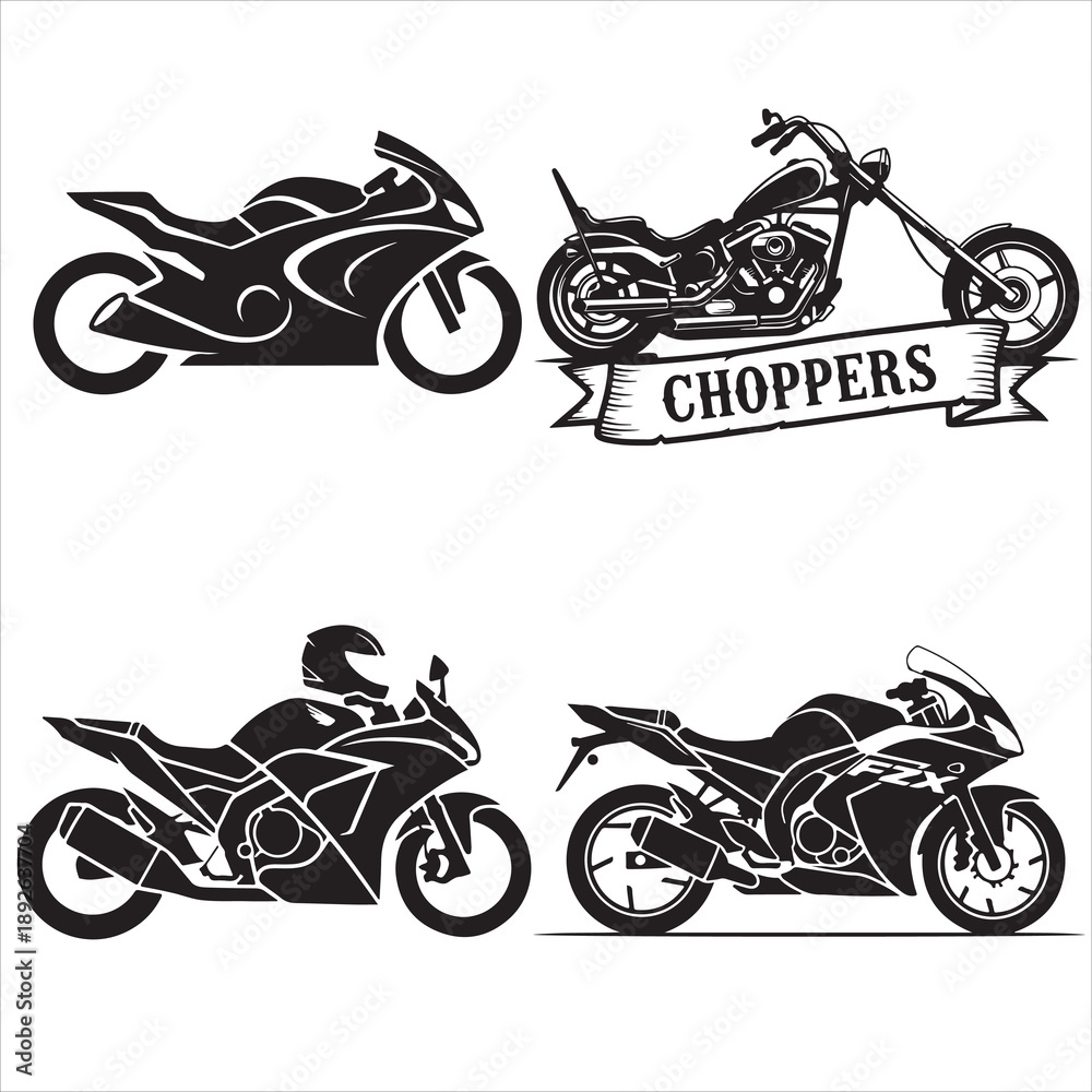 Obraz premium Professional Motorbike Outline Collection Classic Chopper with Ribbon Banner and Sportbike Profiles