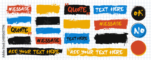 Hand painted brush strokes. Boxes, place for text. Quote, message frame design. Grunge texture. Vector illustration. 