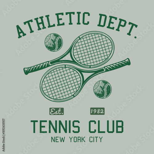 Vintage New York City Tennis Club Athletic Dept. Illustration - Retro Sports Graphic with Crossed Rackets and Tennis Balls - Est. 1982 Collegiate Varsity Style T-Shirt Design Art