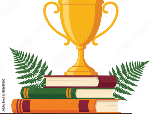 Golden trophy award on stacked books with green leaves symbolizing academic achievement, success, and education excellence.