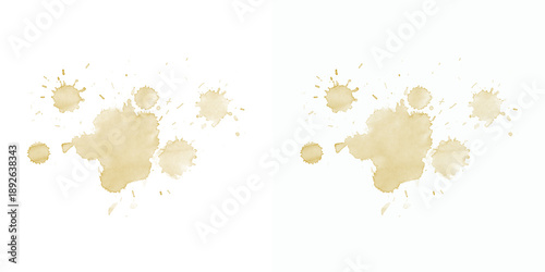 Brown coffee or tea stains on white background, realistic watercolor splashes, perfect for grunge or messy design elements