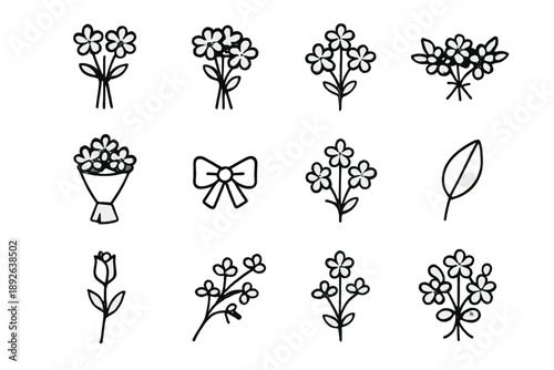 Bouquet Silhouette Icons. Bouquet silhouettes. Line outline icon set of Bouquet silhouettes: tall silhouette