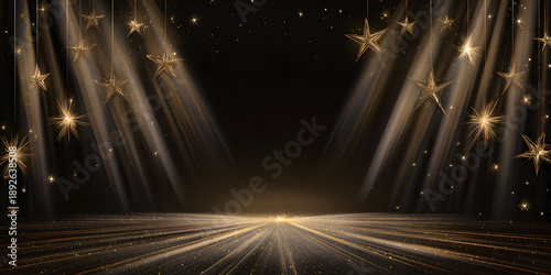 Abstract illustration depicts a dark background adorned with illuminated, golden stars and streaks of light; the design features a shimmering floor and rays illuminating the scene, evoking an...
