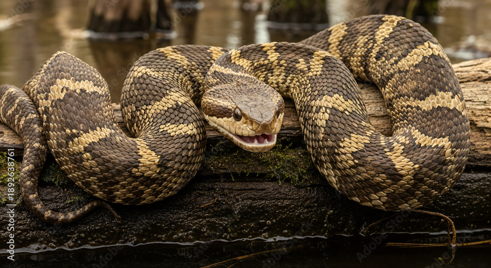 Fototapeta premium Close-Up of a Venomous Water Moccasin Cottonmouth in a Swamp Environment