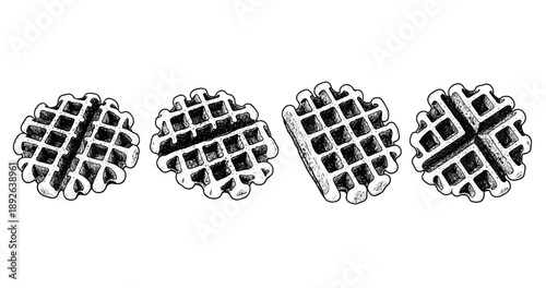 Hand-drawn waffle patterns in black and white illustrations
