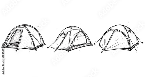 Three hand-drawn tents: sketches of camping shelters