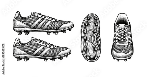 Detailed black and white drawing of soccer cleats from multiple angles