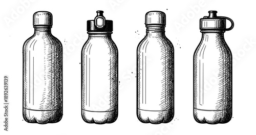 Hand-drawn collection of four black and white water bottles with unique caps