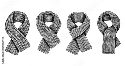 Four knitted scarves in various styles on white background