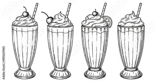 Vintage hand-drawn milkshake selection with straw and whipped cream