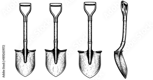 Set of four vintage shovels with wooden handles in black ink drawing