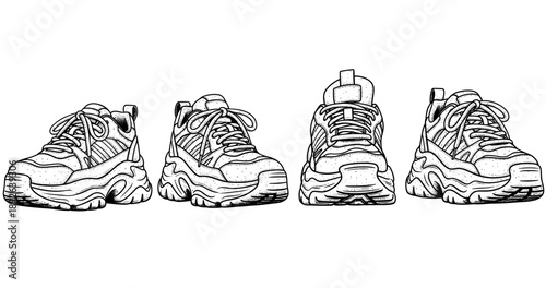 Set of chunky sneakers with detailed outlined design in black and white