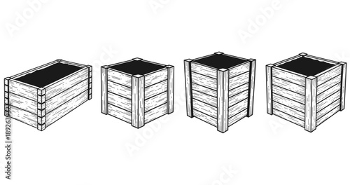 Set of hand-drawn wooden crates in various angles and perspectives