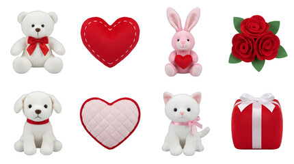 Valentine's Day plush toy set including teddy bear, bunny, puppy, kitten, hearts, roses, and gift box isolated. Romantic holiday gift and celebration collection.