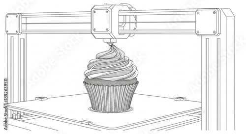 3d printer creating a chocolate cupcake with swirled frosting on a square platform