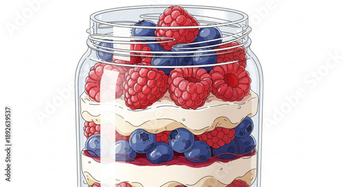Delicious layered dessert in a glass jar with cream raspberries and blueberries perfect for a sweet treat or healthy snack