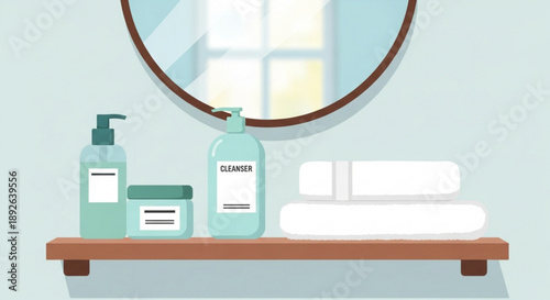 Bathroom shelf with toiletries and towels in front of a mirror on the wall with a window