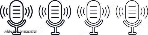 Solid podcast icon set. Popular podcasting symbols. Audio streaming service icons. Microphone icon on transparent. Voice recording app logo,

