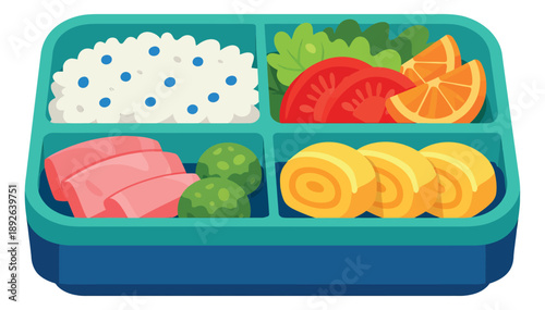 Cartoon style illustration of a bento box depicting various foods for lunch