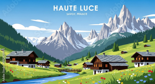 Charming mountain village haute luce savoy france with wooden chalets stream and majestic snow capped mountains under blue sky